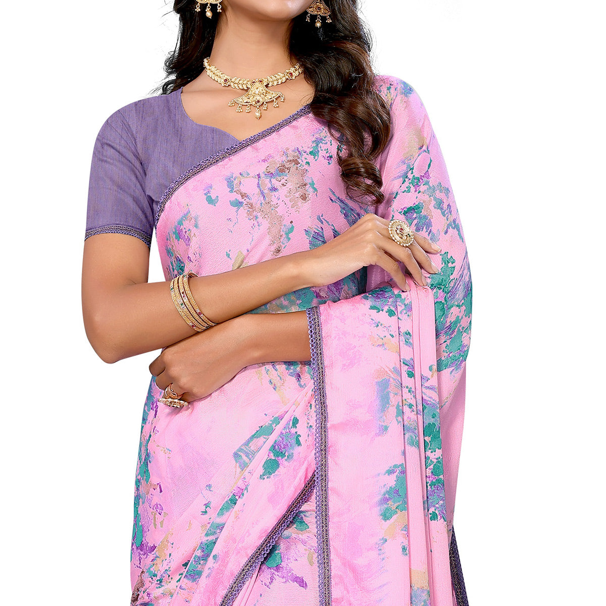 Pink Printed Vichitra Silk Saree