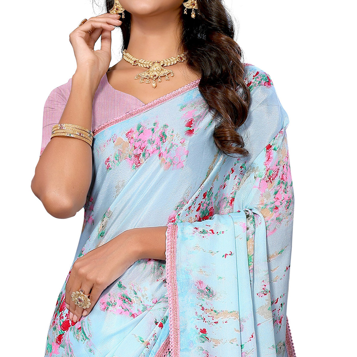Sky Blue Printed Vichitra Silk Saree