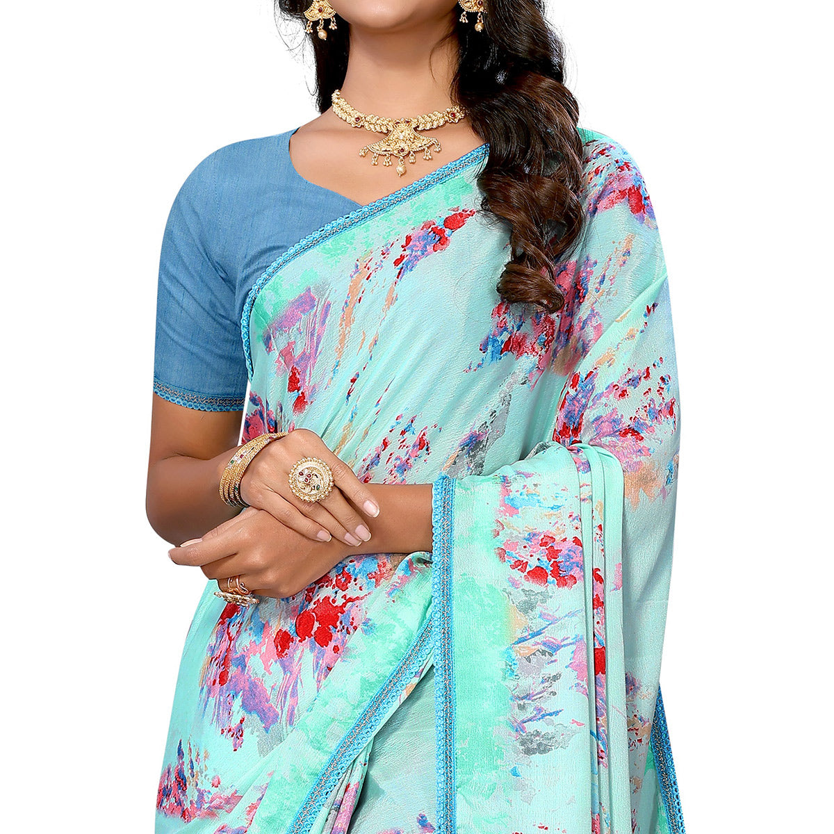 Turquoise  Printed Vichitra Silk Saree