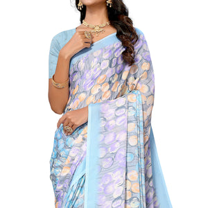 Blue Geometric Printed Vichitra Silk Saree