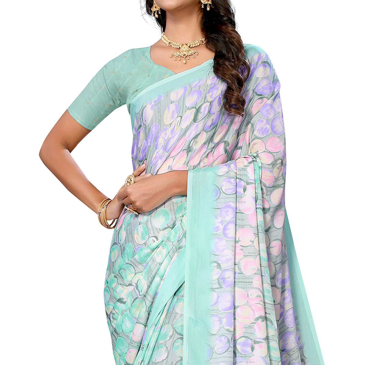 Light Turquoise Geometric Printed Vichitra Silk Saree