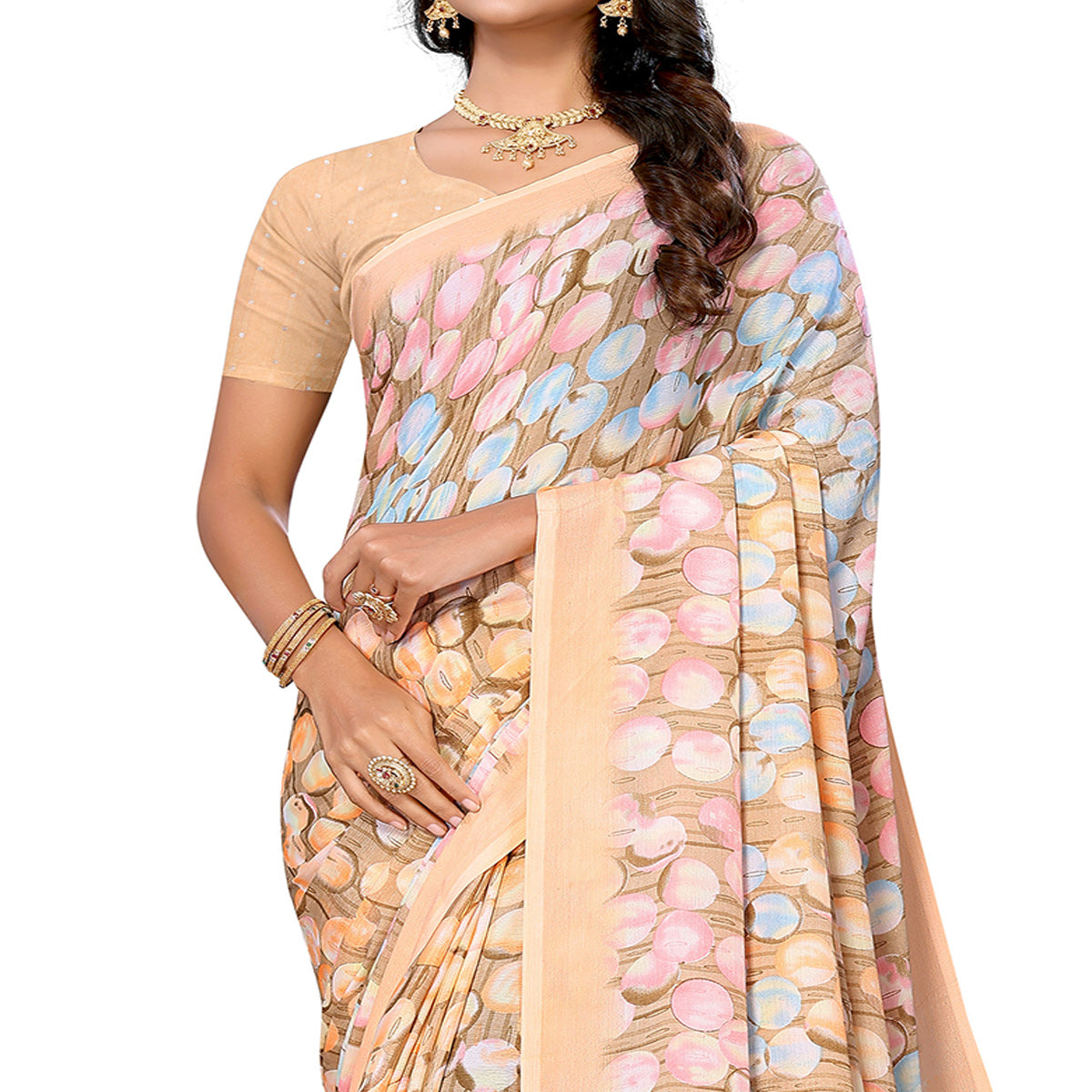 Orange Geometric Printed Vichitra Silk Saree