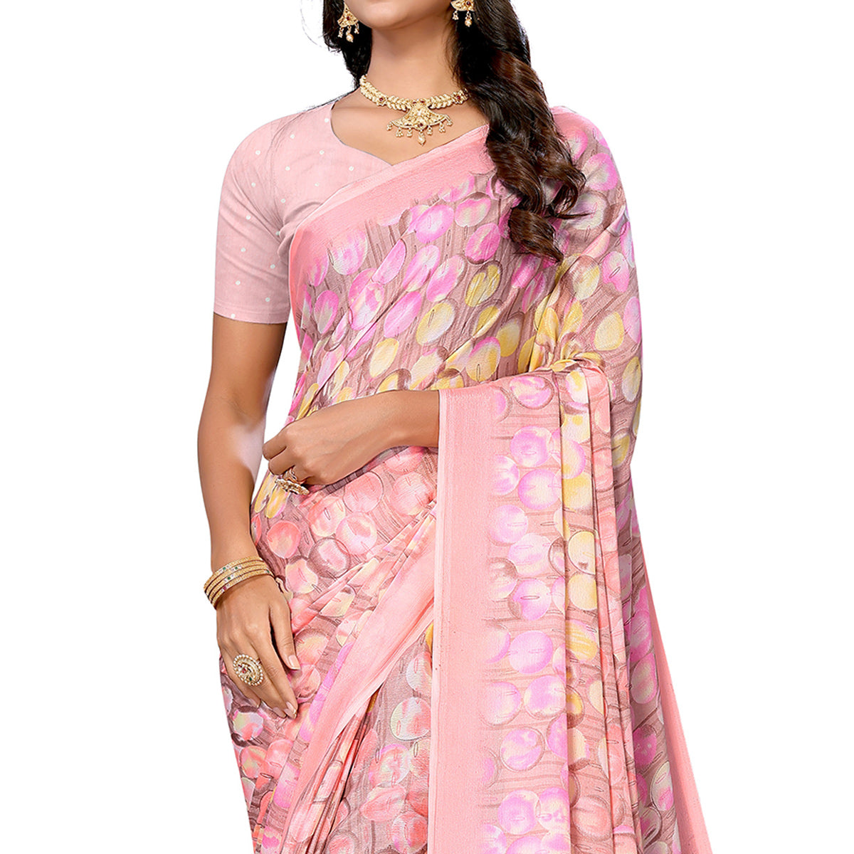 Peach Geometric Printed Vichitra Silk Saree