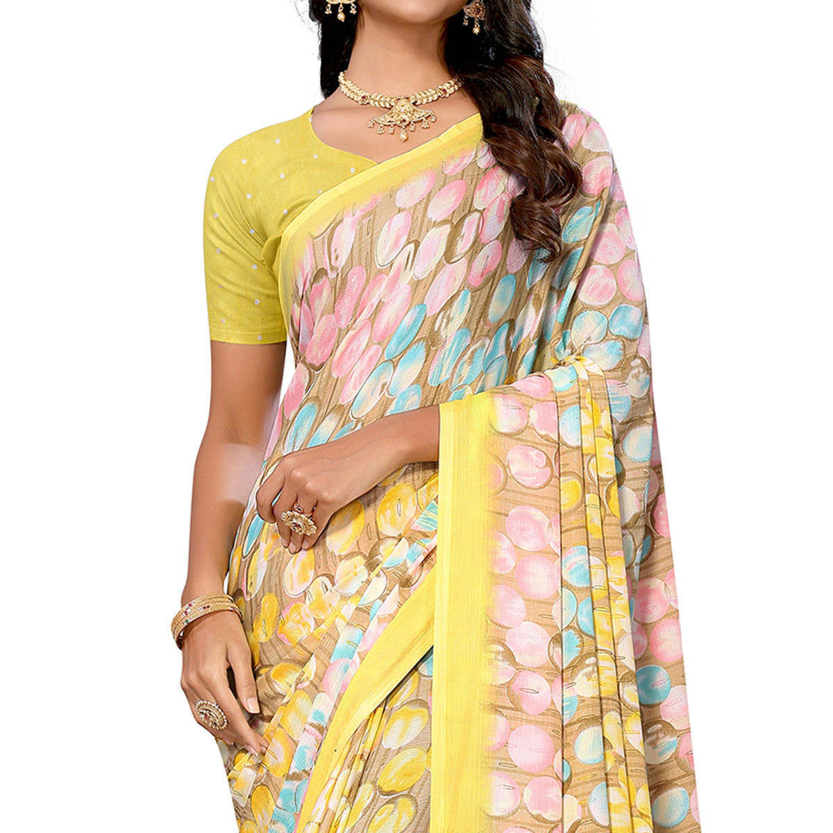 Yellow Geometric Printed Vichitra Silk Saree