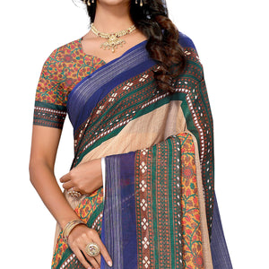 Beige Digital Floral Printed Linen Saree