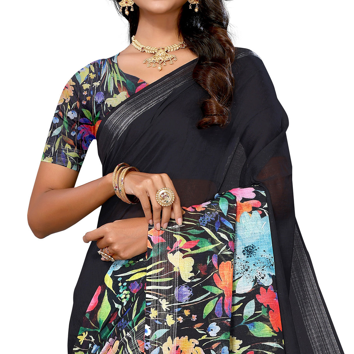 Black Digital Floral Printed Linen Saree