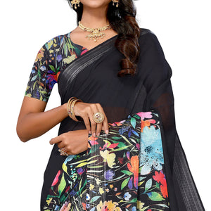 Black Digital Floral Printed Linen Saree
