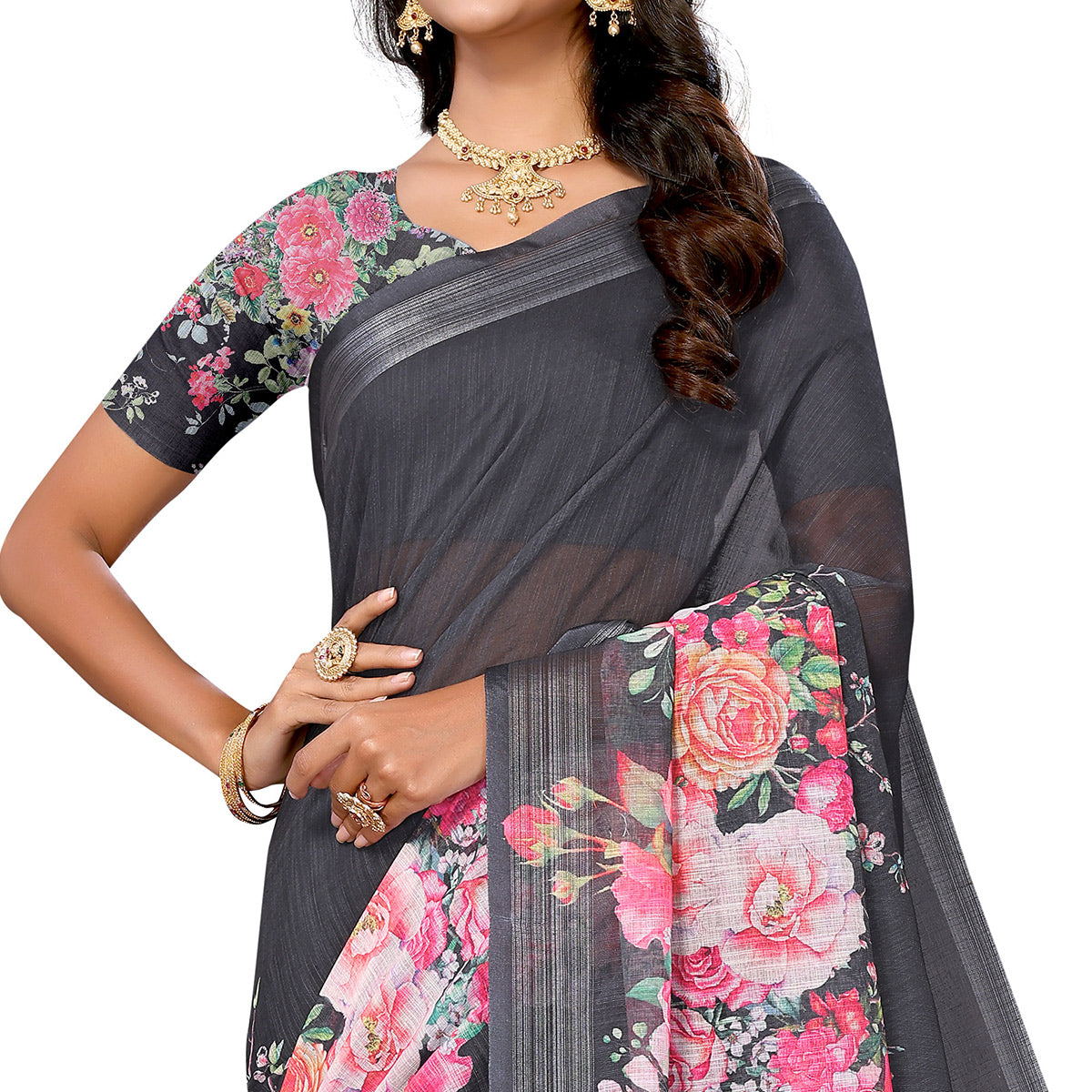 Grey & Pink Digital Floral Printed Linen Saree