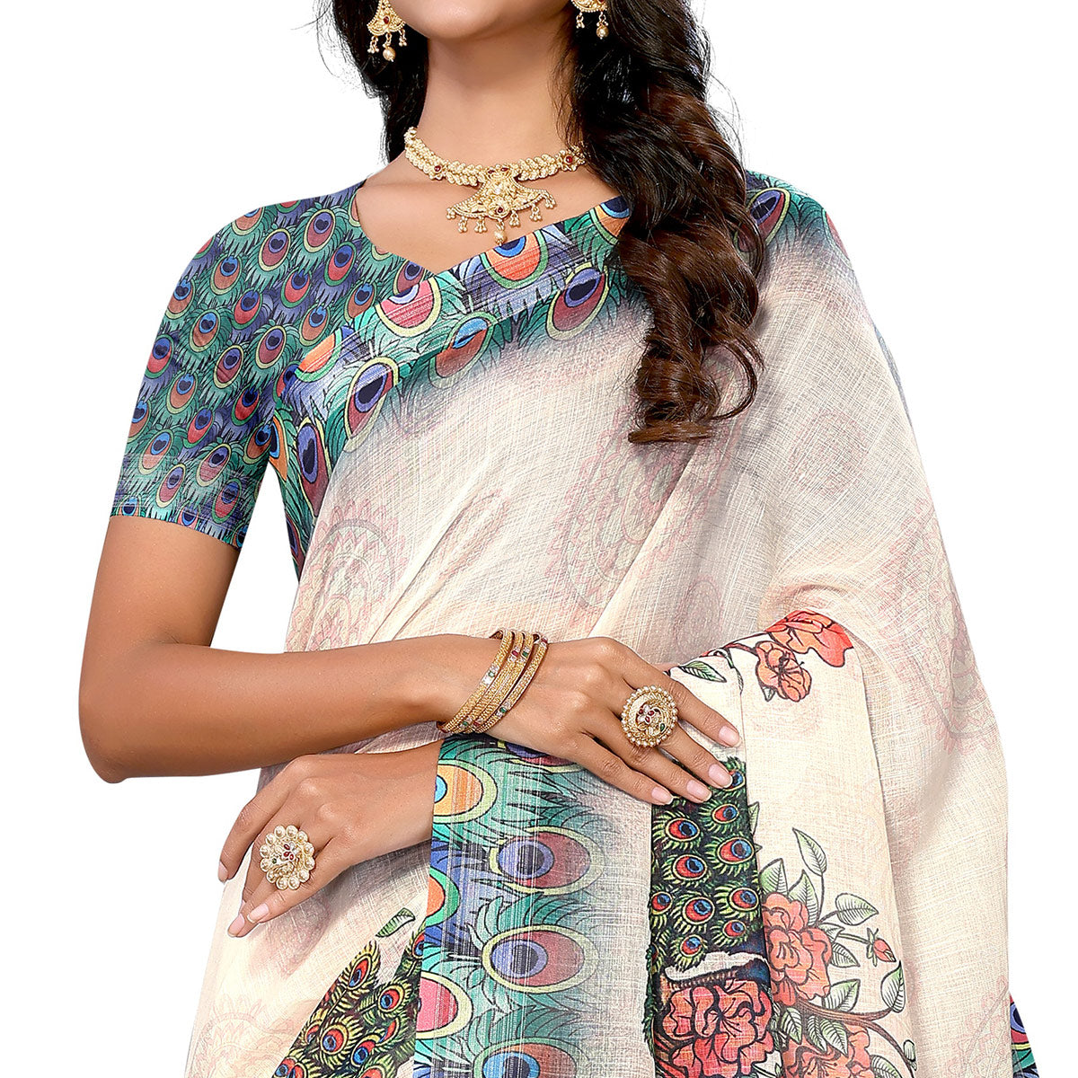 Off White Digital Floral Printed Linen Saree