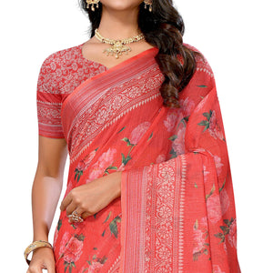 Red Digital Floral Printed Linen Saree