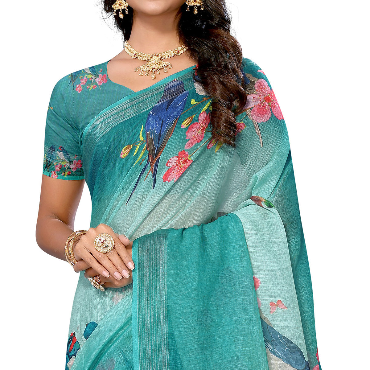 Teal Blue Digital Floral Printed Linen Saree