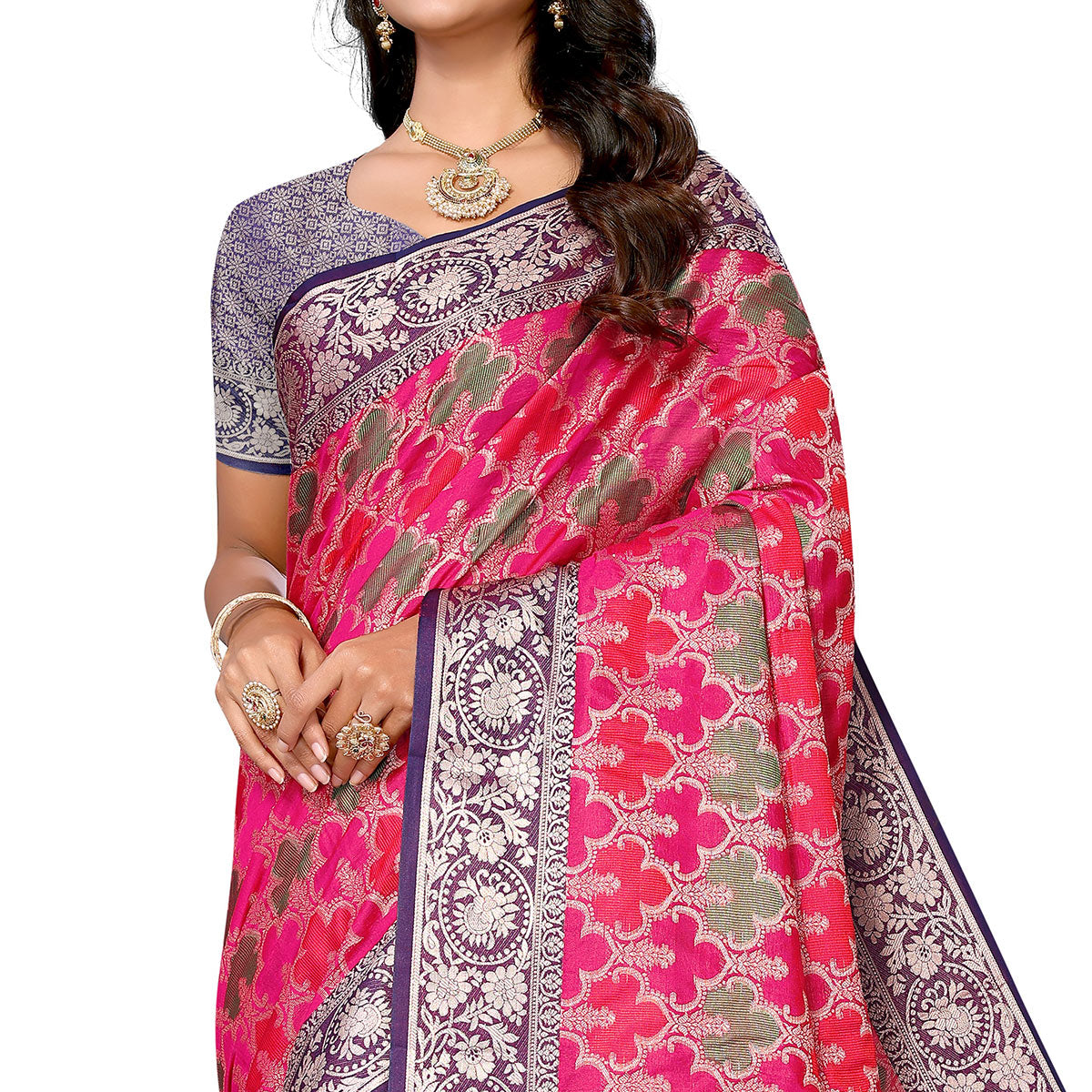 Pink Floral Woven Banarasi Silk Saree