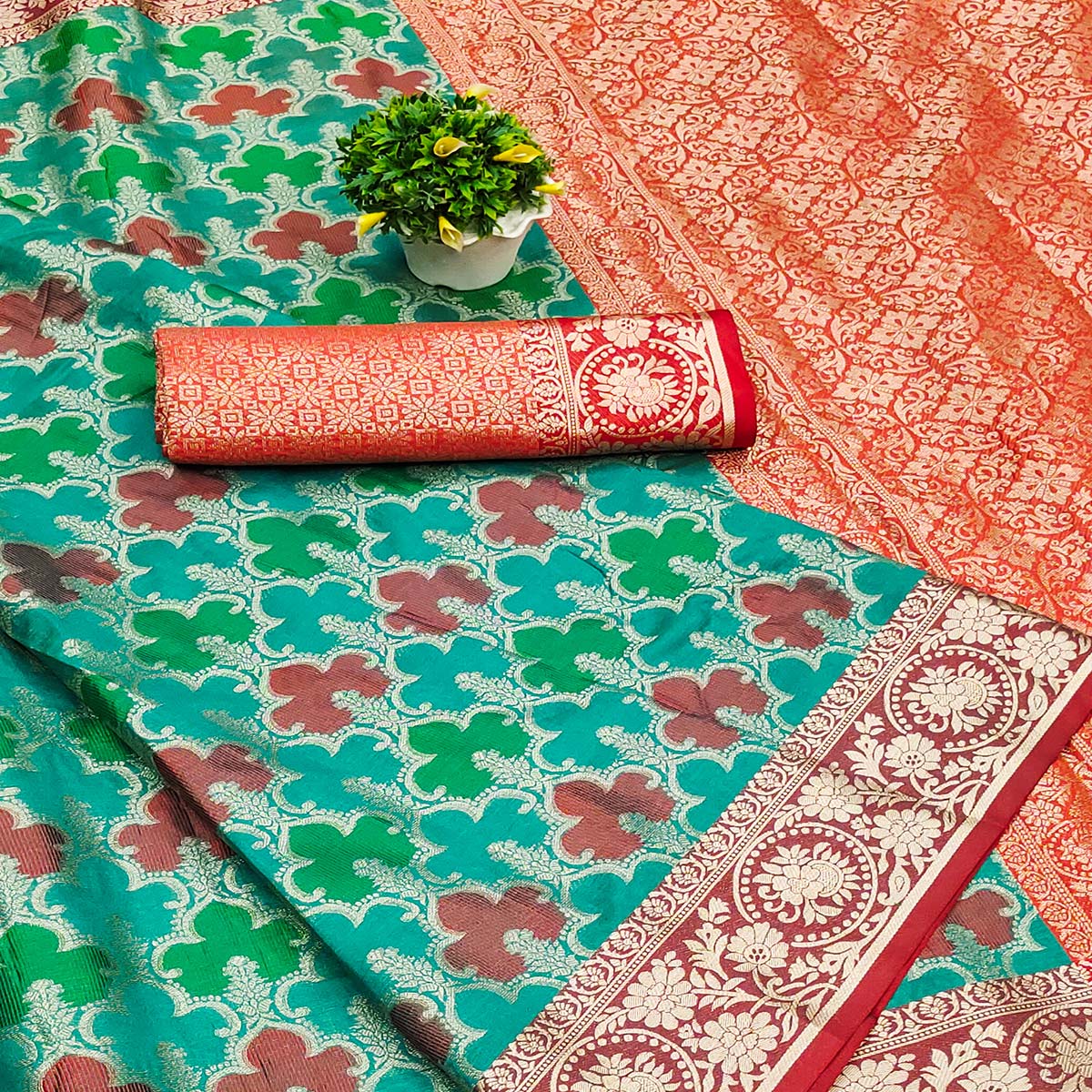 Rama Green Woven Banarasi Silk Saree