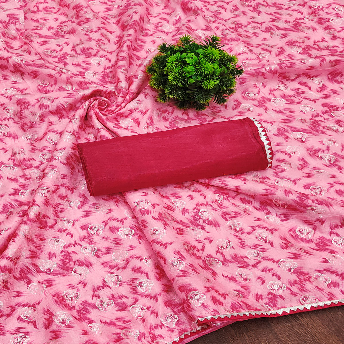 Pink Floral Foil Printed Dola Silk Saree