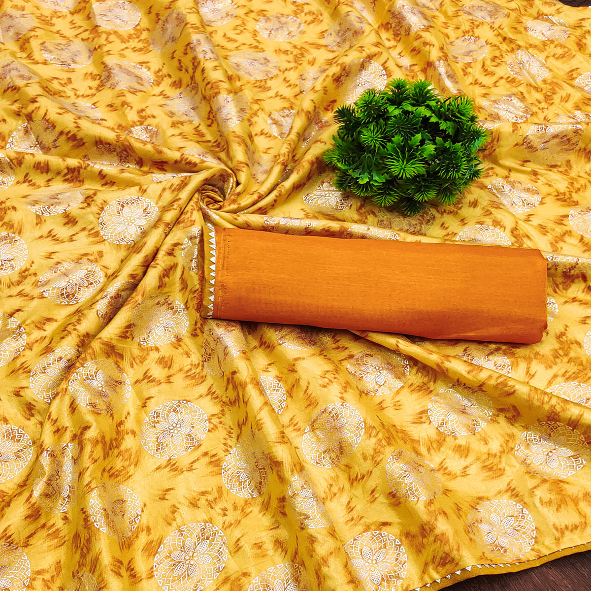 Yellow Floral Foil Printed Dola Silk Saree