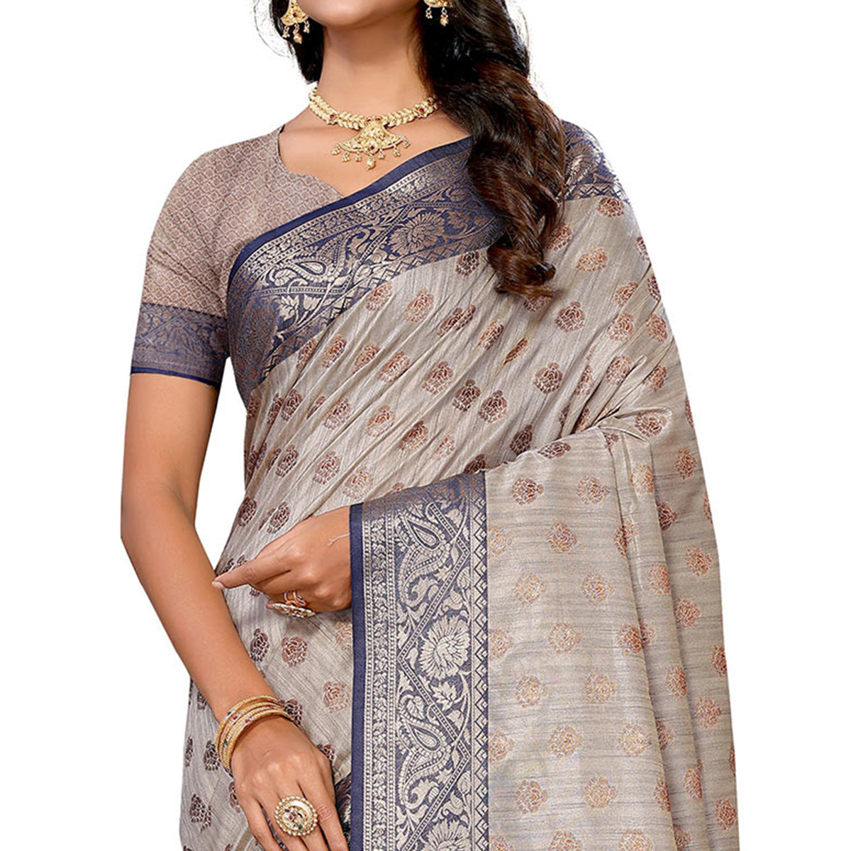 Grey Floral Woven Banarasi Silk Saree