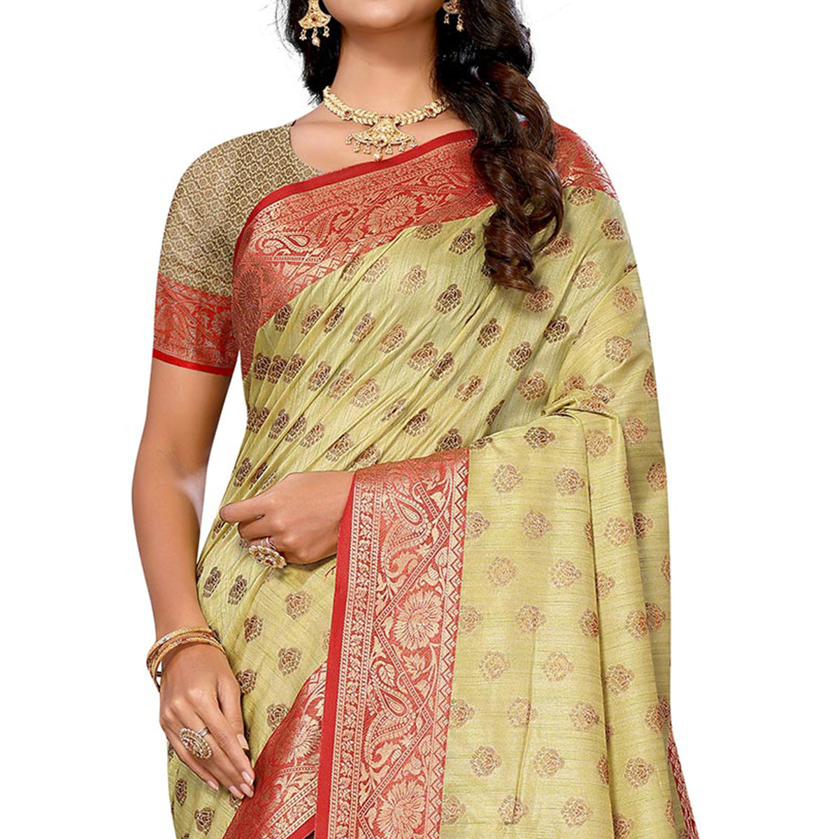 Lemon Green Floral Woven Banarasi Silk Saree