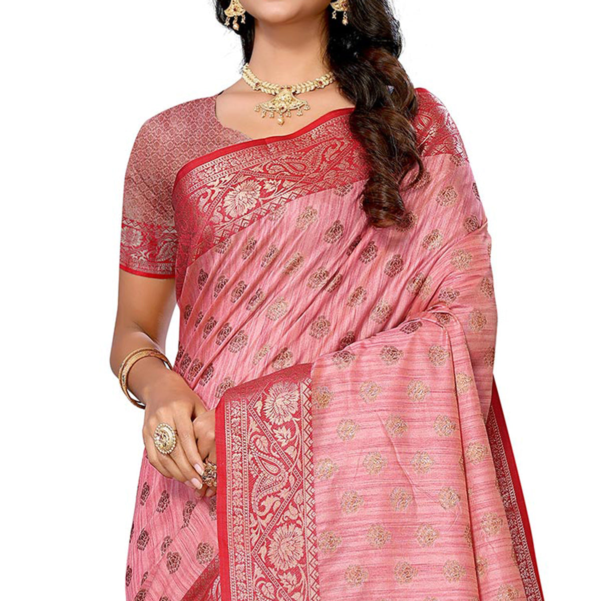 Pink Floral Woven Banarasi Silk Saree