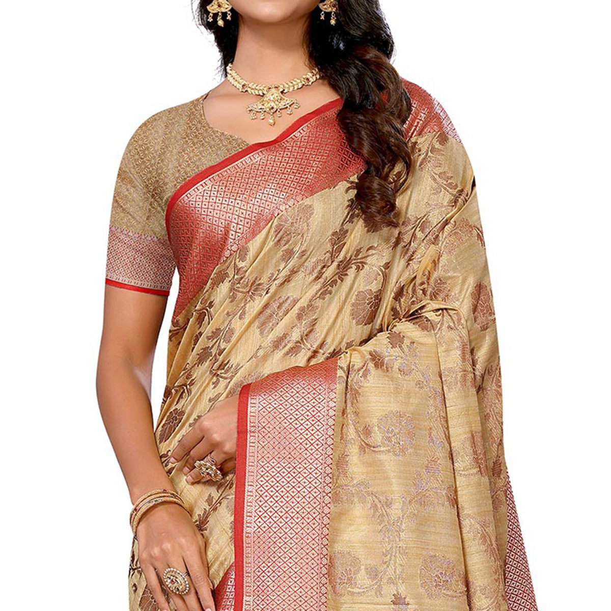 Beige Floral Woven Banarasi Silk Saree