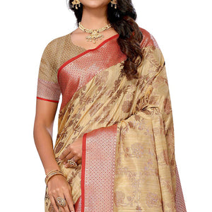Beige Floral Woven Banarasi Silk Saree