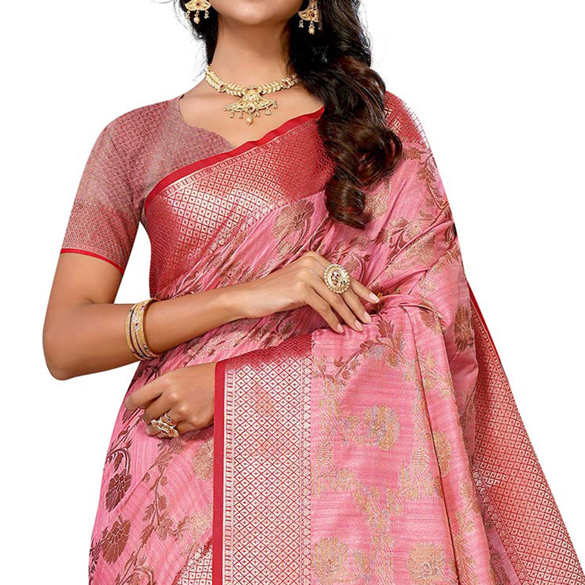 Pink Floral Woven Banarasi Silk Saree