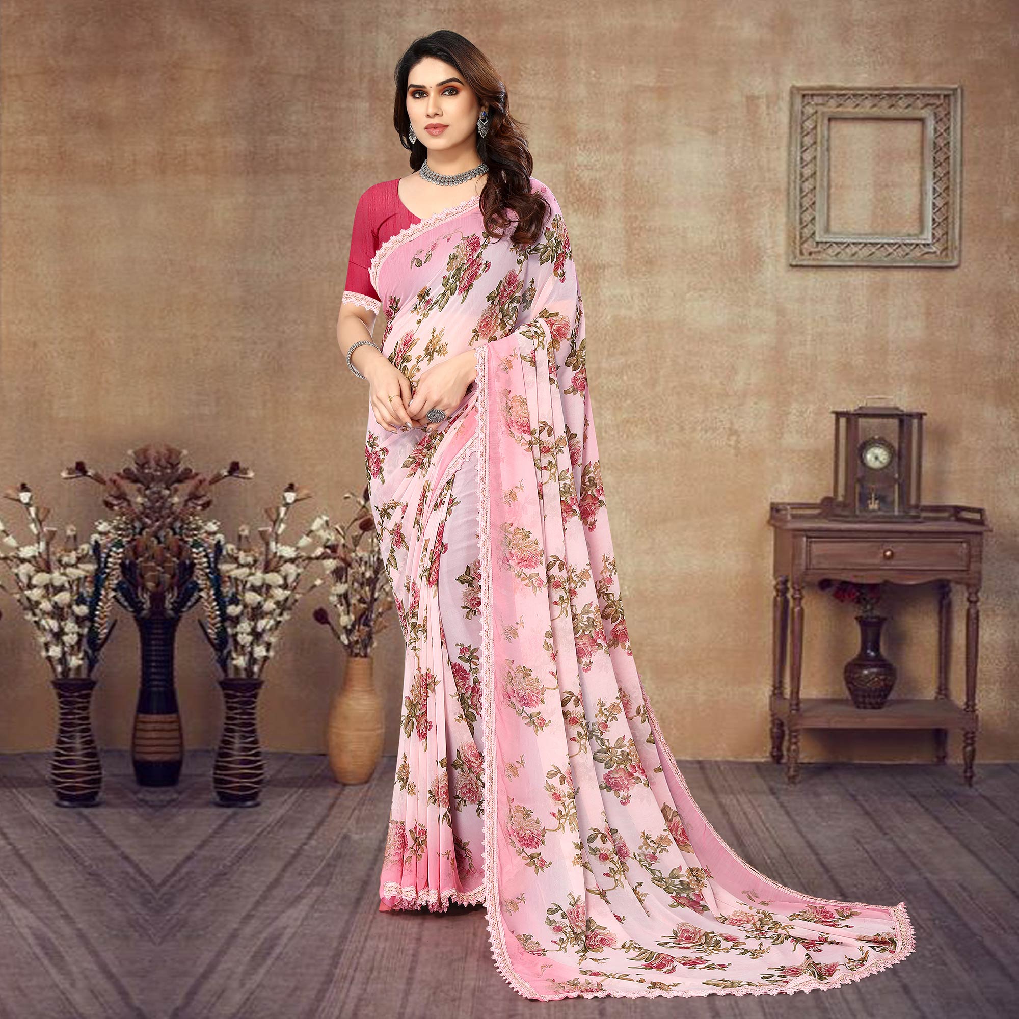 Light Pink Floral Printed Georgette Saree With Lace Border