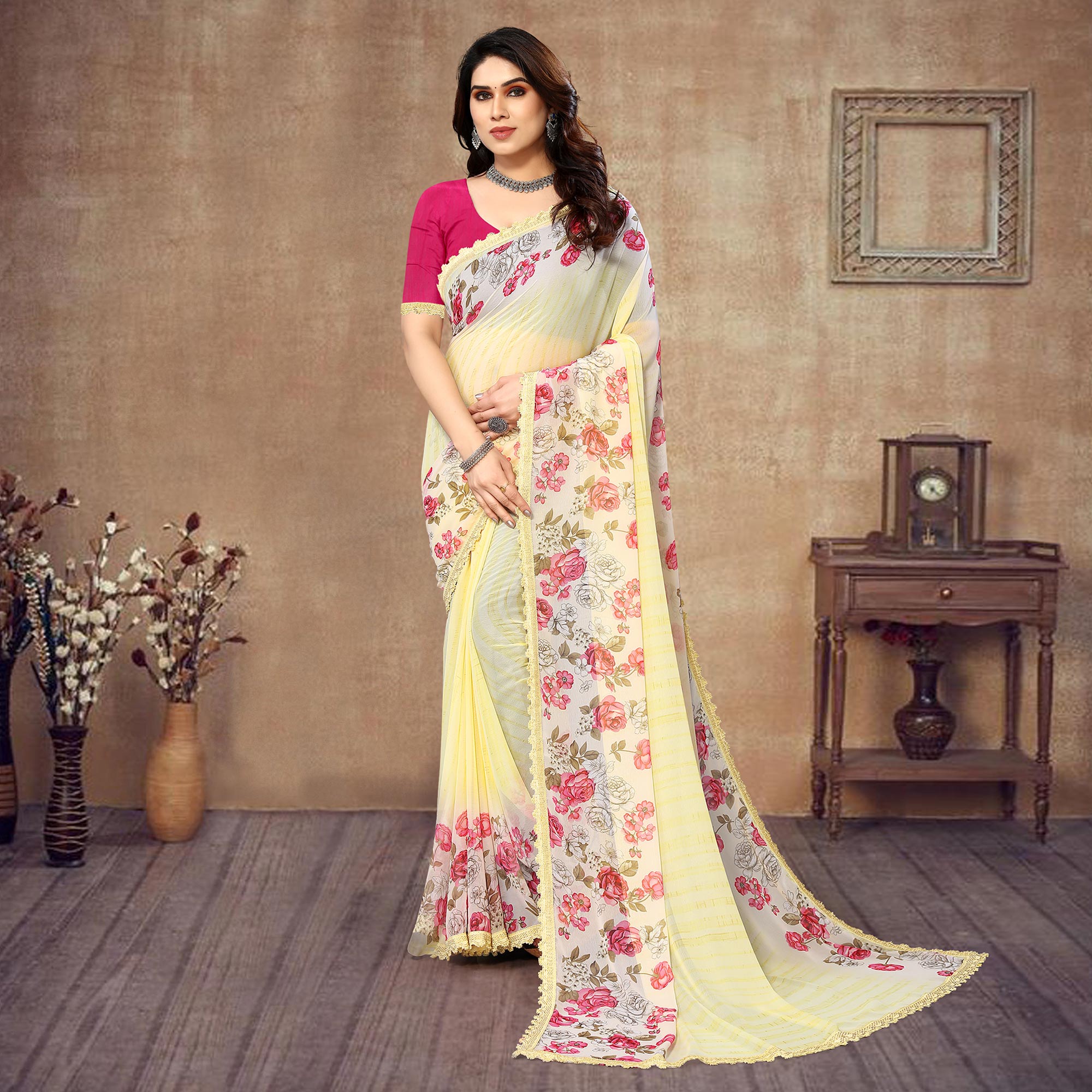 Light Yellow Floral Printed Georgette Saree With Lace Border