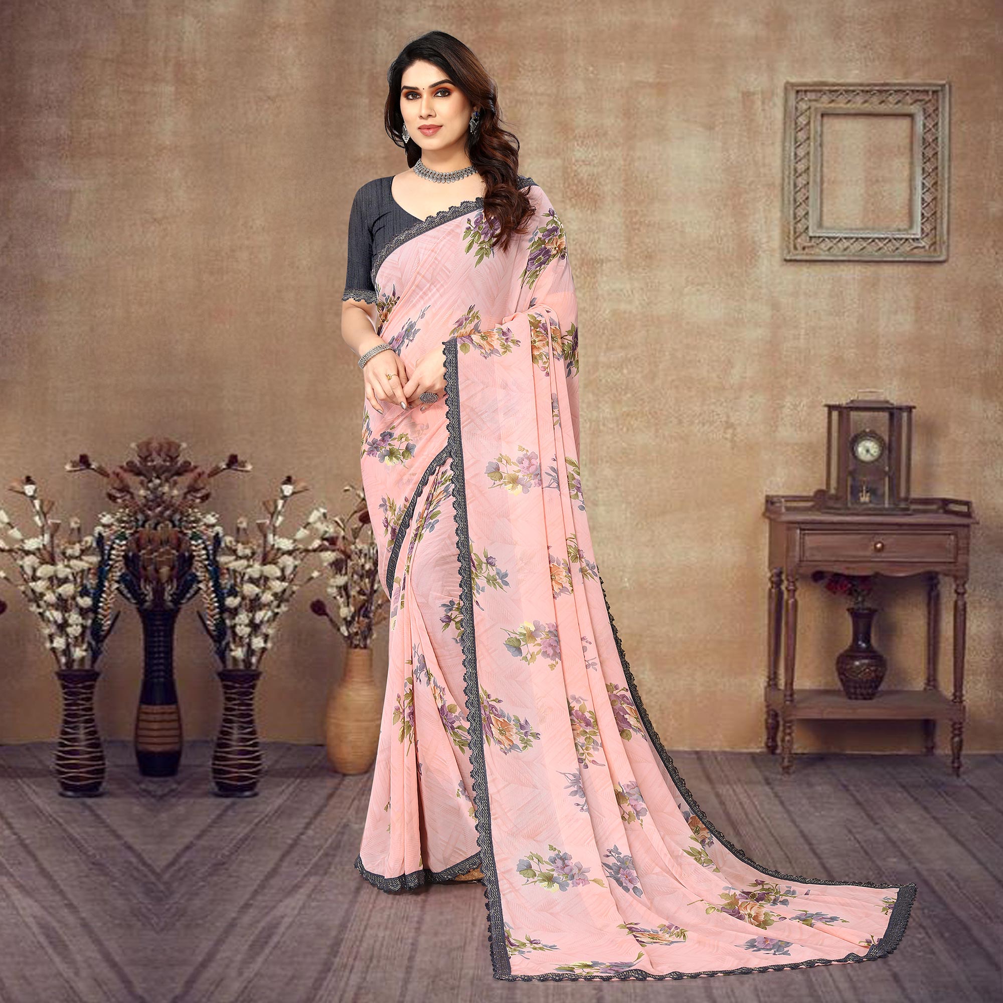 Peach Floral Printed Georgette Saree With Lace Border
