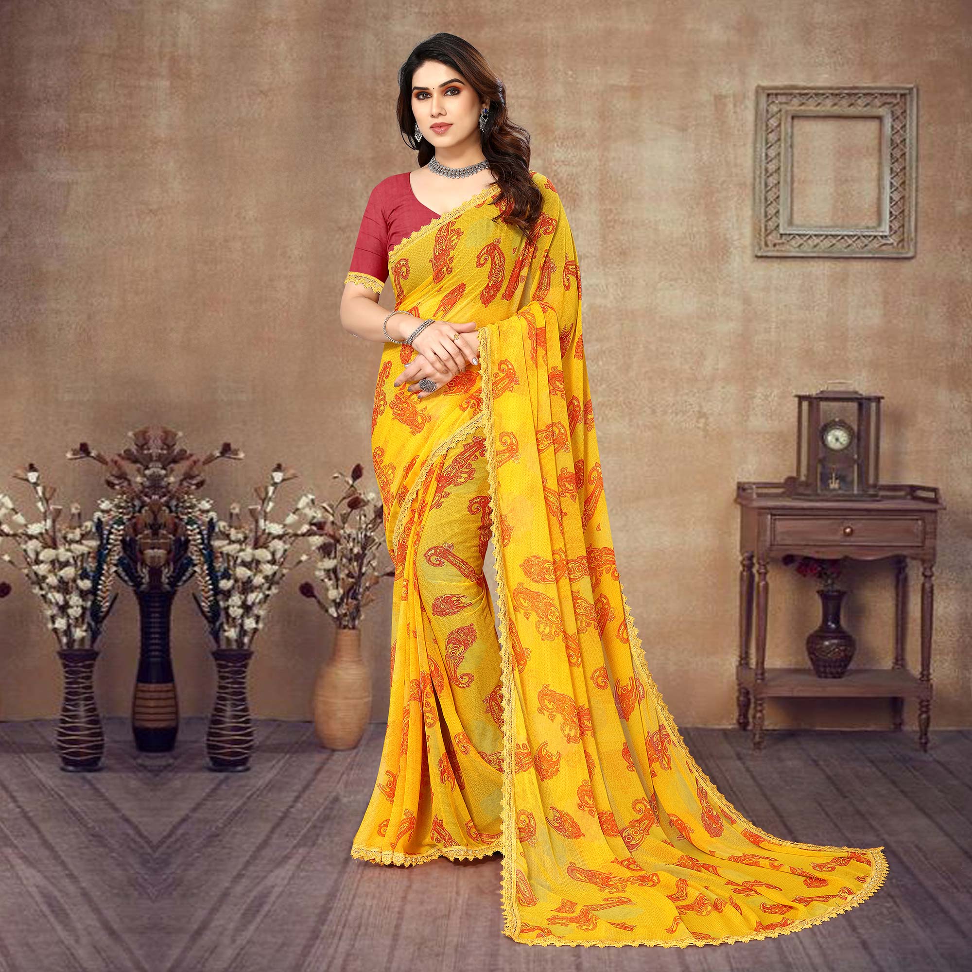 Yellow Floral Printed Georgette Saree With Lace Border