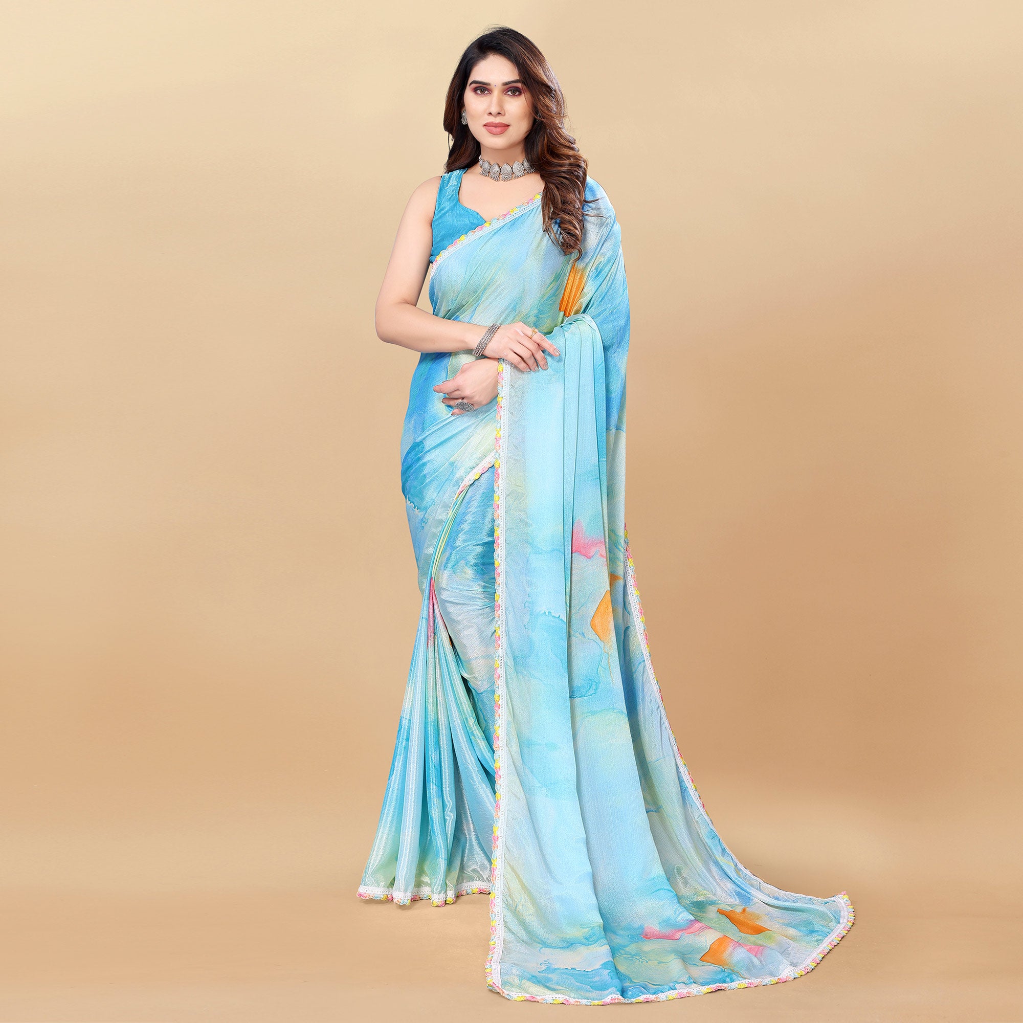 Blue Printed Chiinon Saree With Lace Border