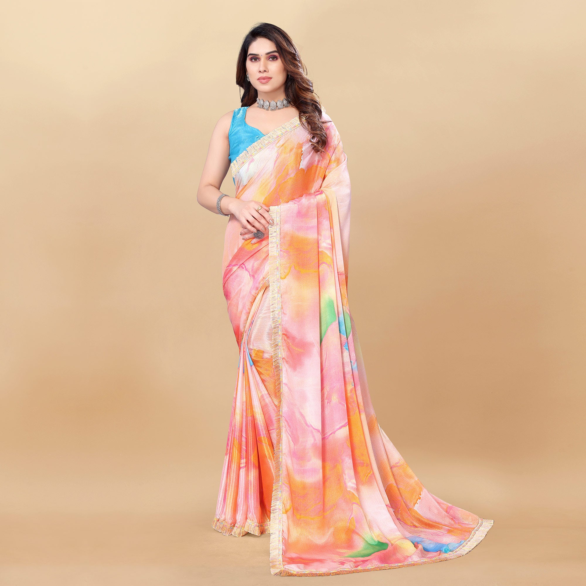 Pink & Orange Printed Chiinon Saree With Lace Border