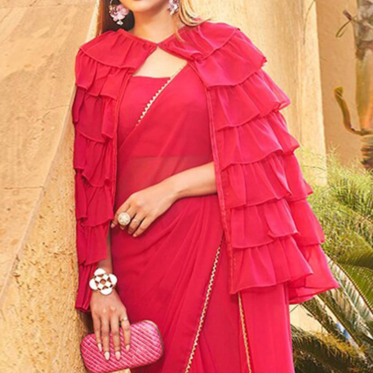 Pink Solid Georgette Saree With Ruffle Jacket