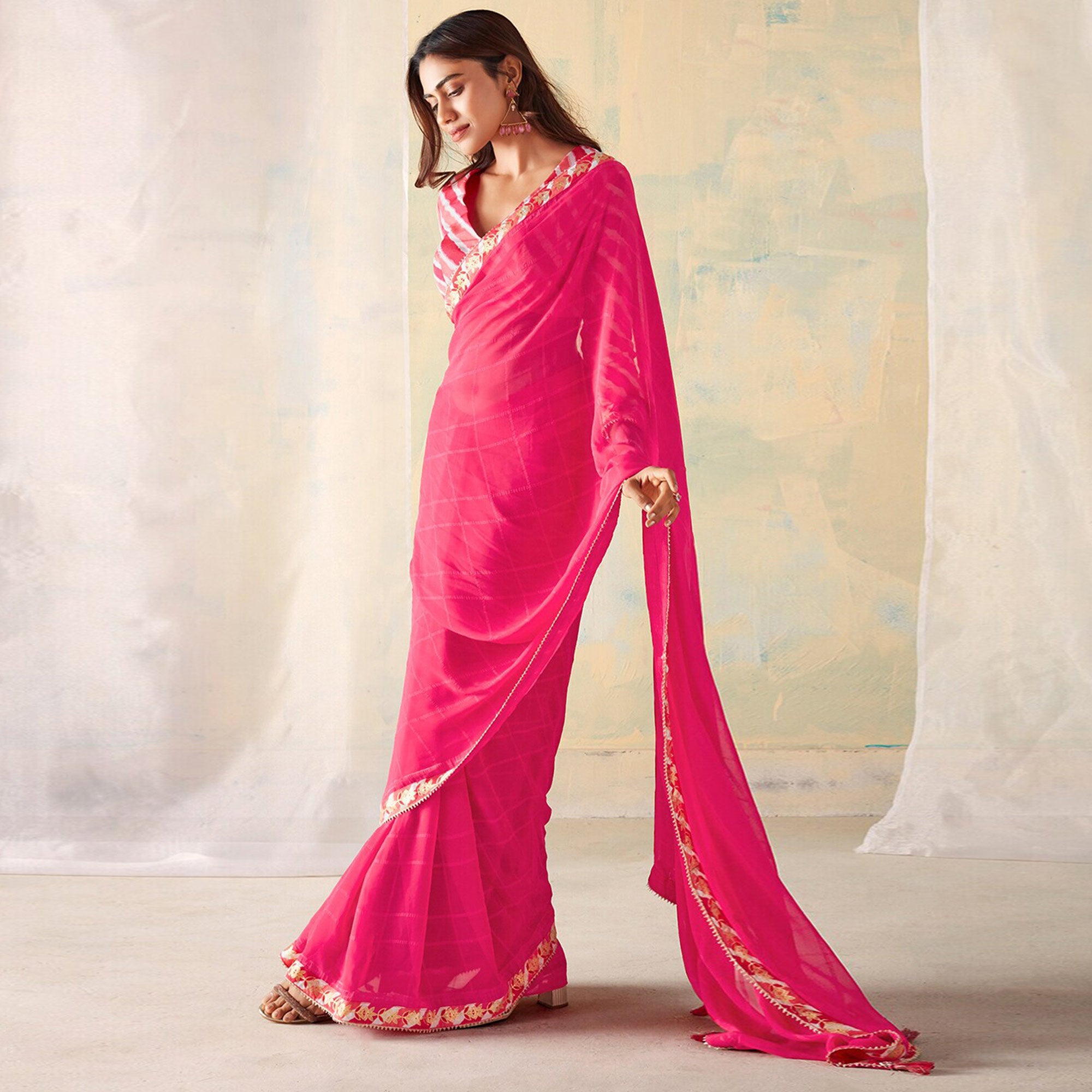 Pink Woven With Gota Patti Border Georgette Saree With Tassels