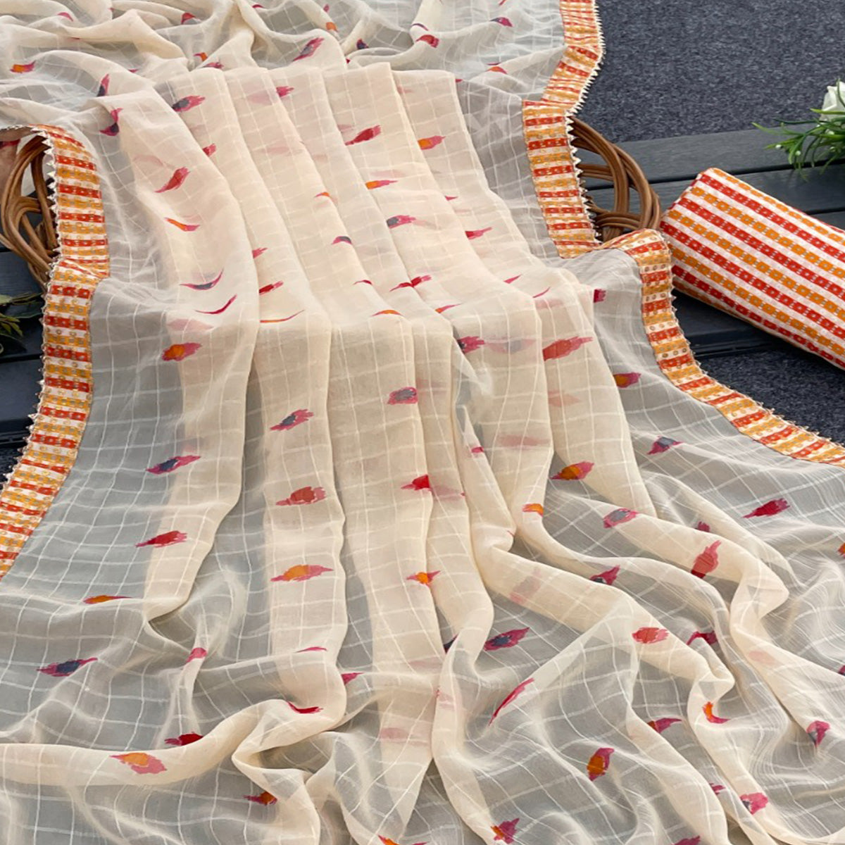 Cream Woven With Digital Printed Georgette Saree