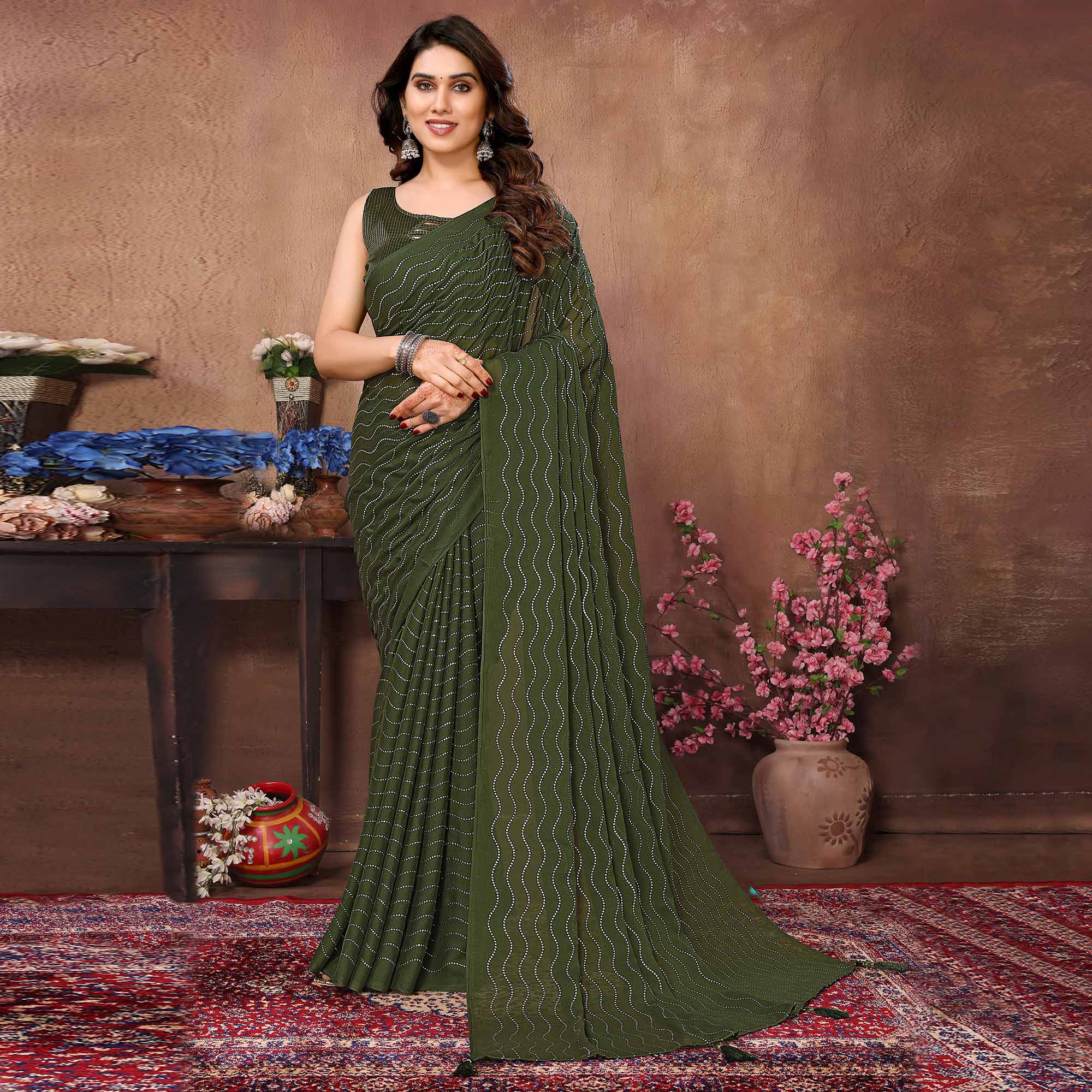 Mehendi Green Mukaish Work Silk Saree With Tassels