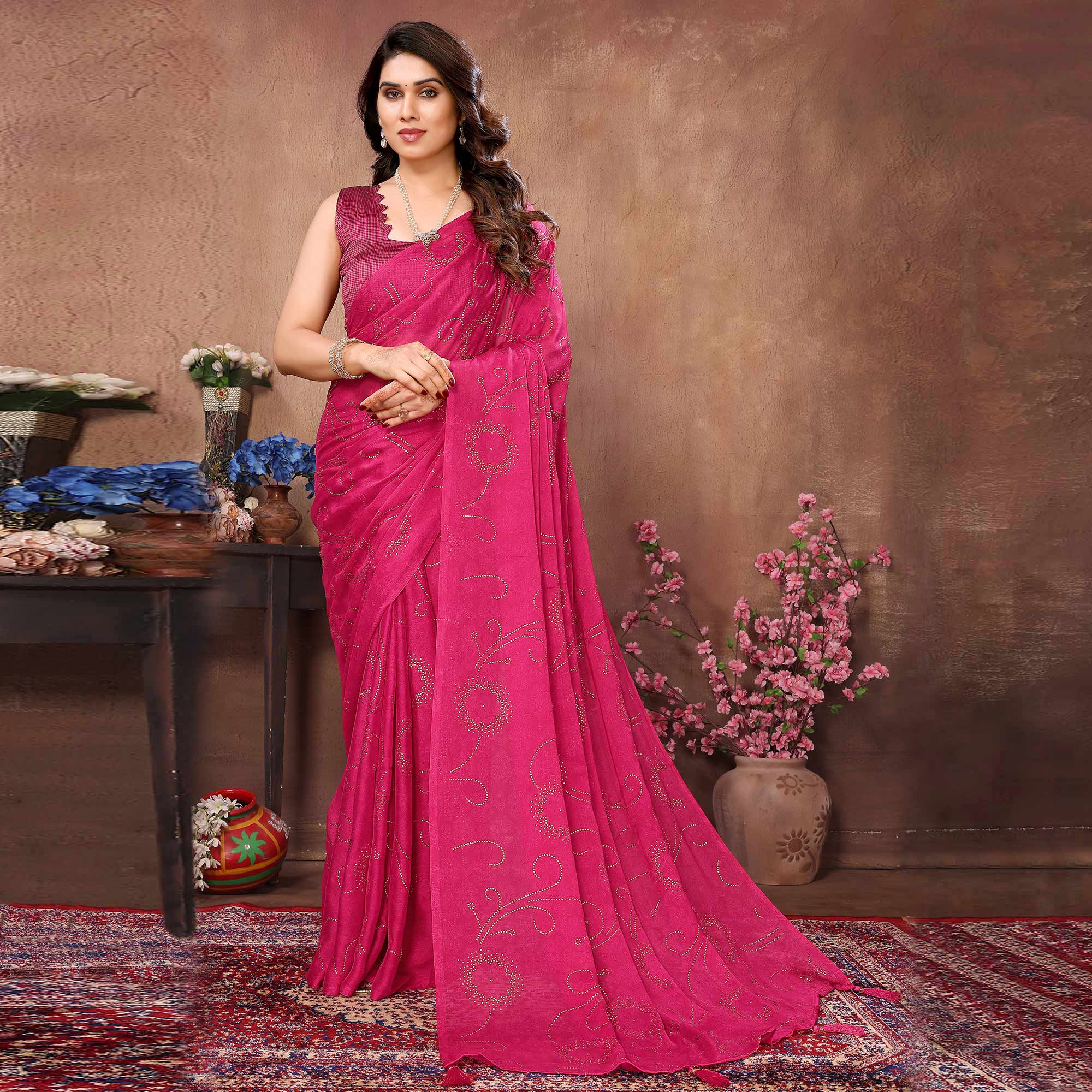 Rani Pink Mukaish With Foil Printed Silk Saree With Tassels