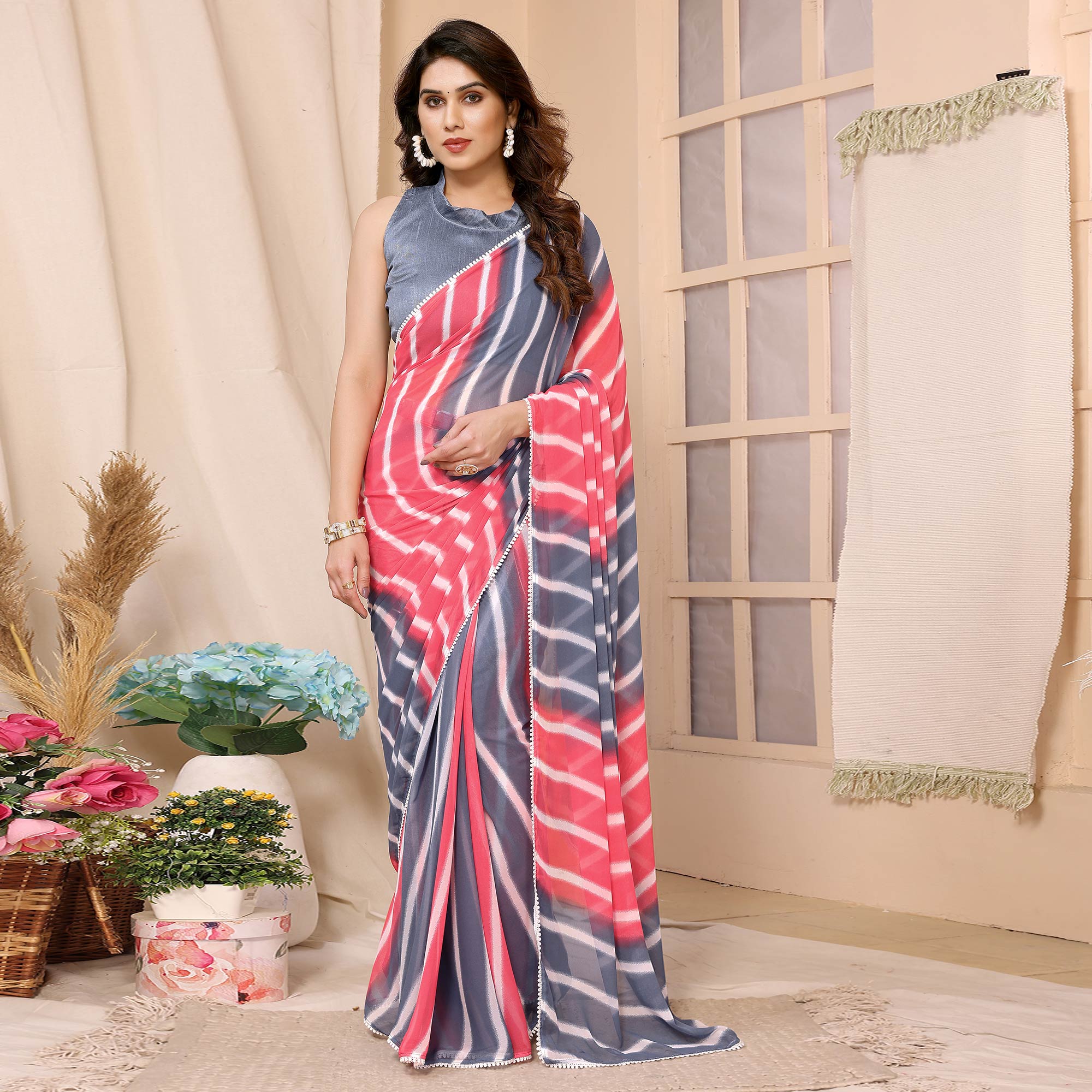 Pink & Grey Leheriya Printed Ready To Wear Georgette Saree