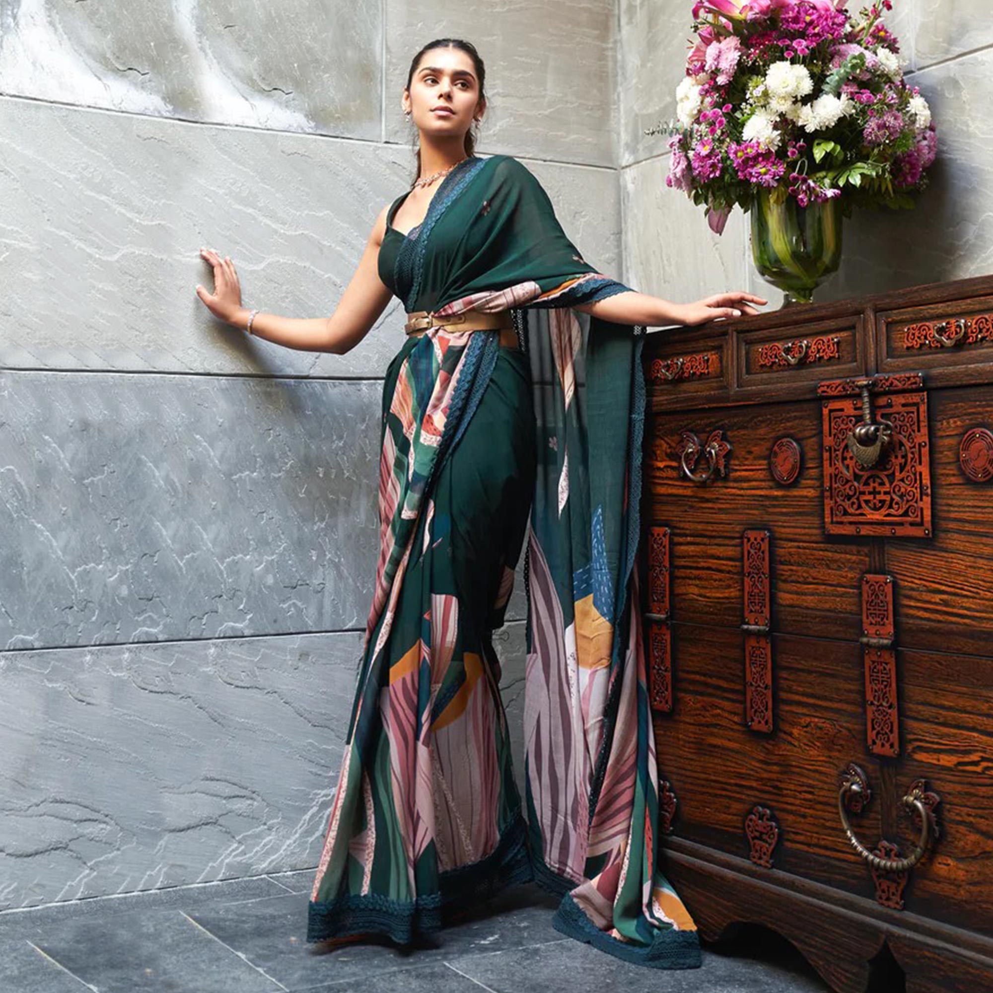 Bottle Green Digital Printed Chinon Saree