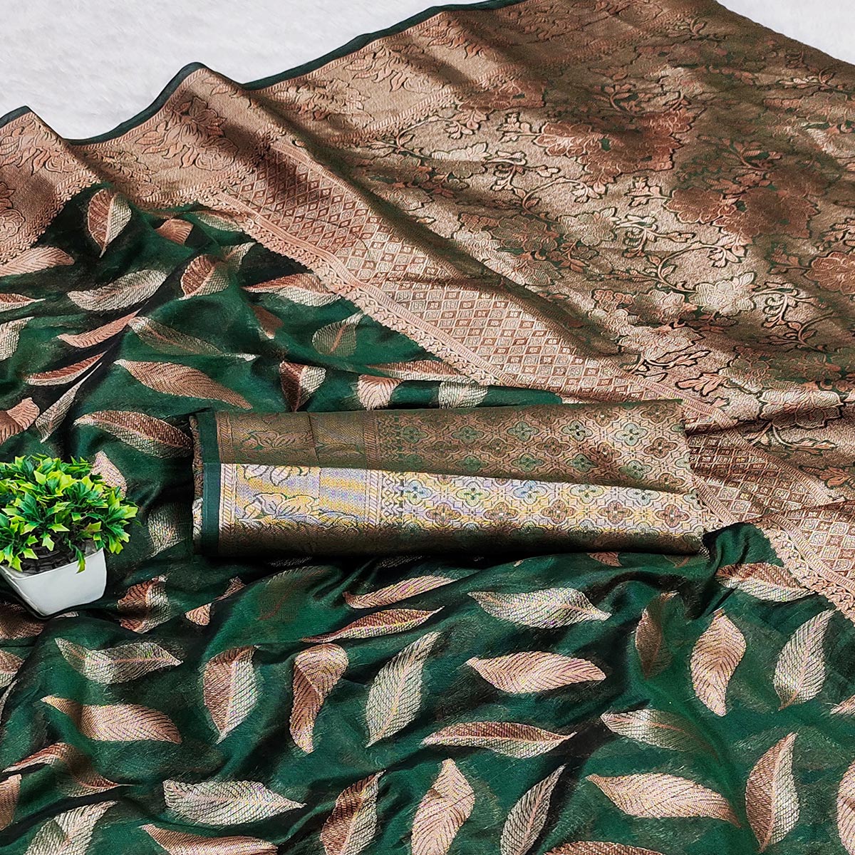 Bottle Green Woven Organza Saree