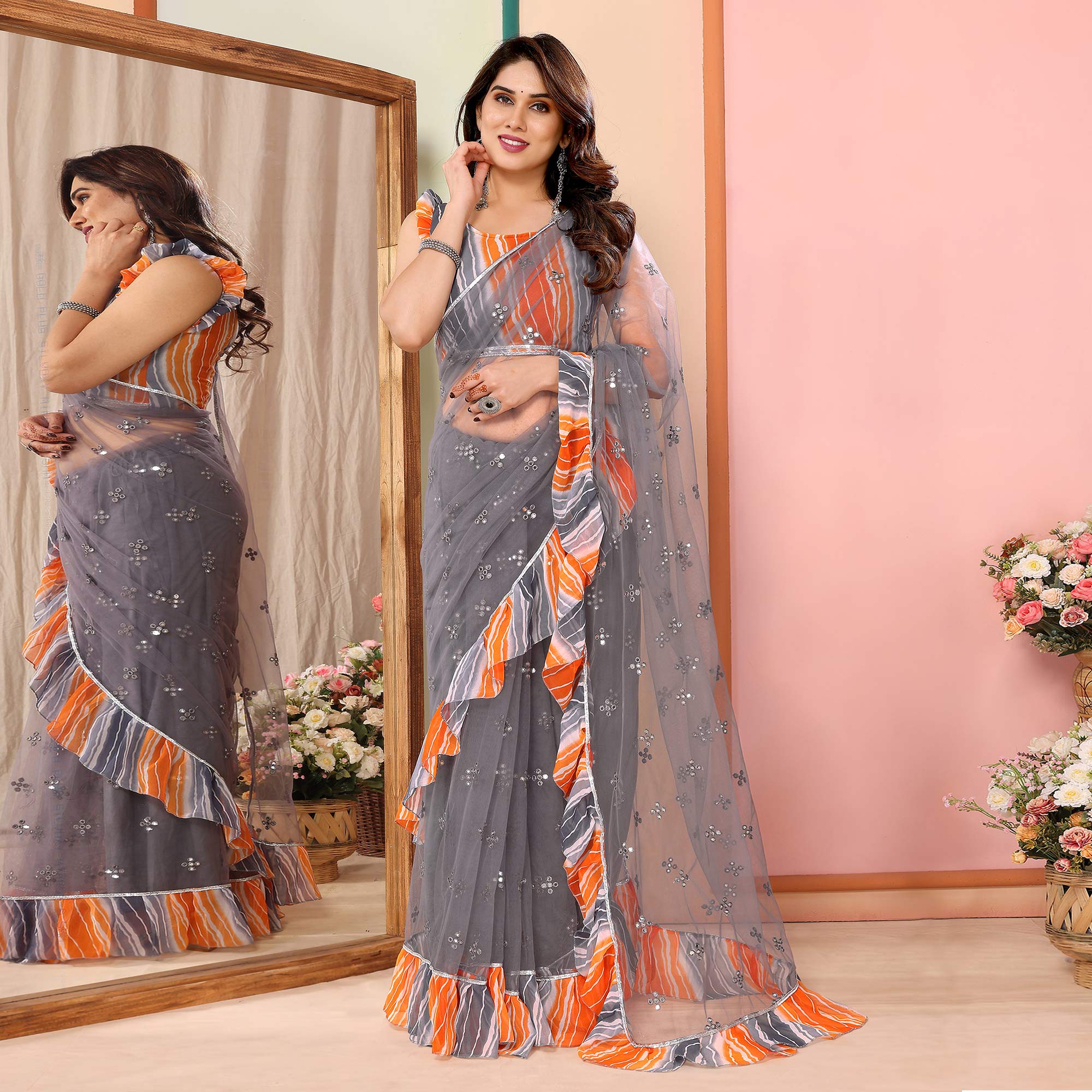 Grey Mirror Work Embroidered Net Ruffle Saree