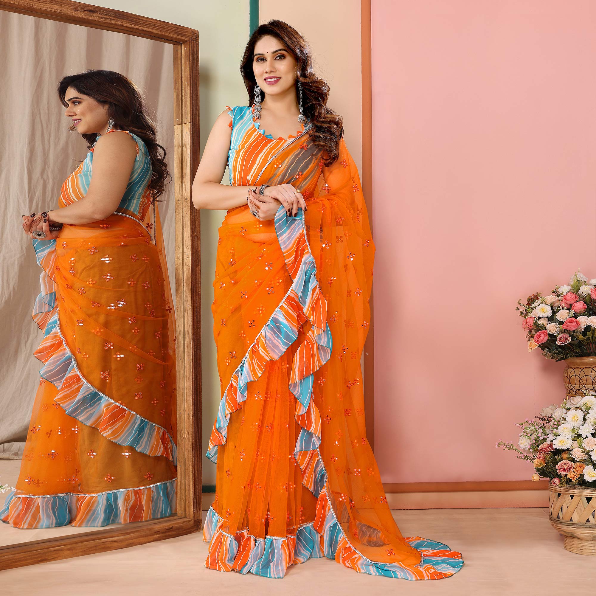 Orange Mirror Work Embroidered Net Ruffle Saree