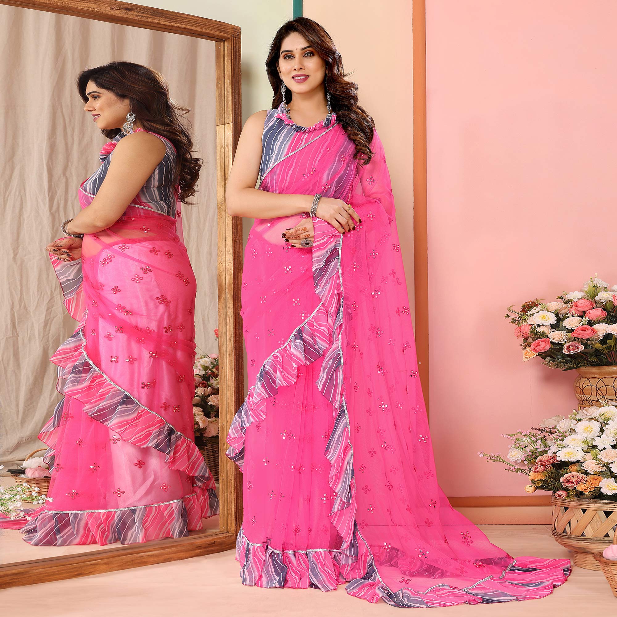 Pink Mirror Work Embroidered Net Ruffle Saree