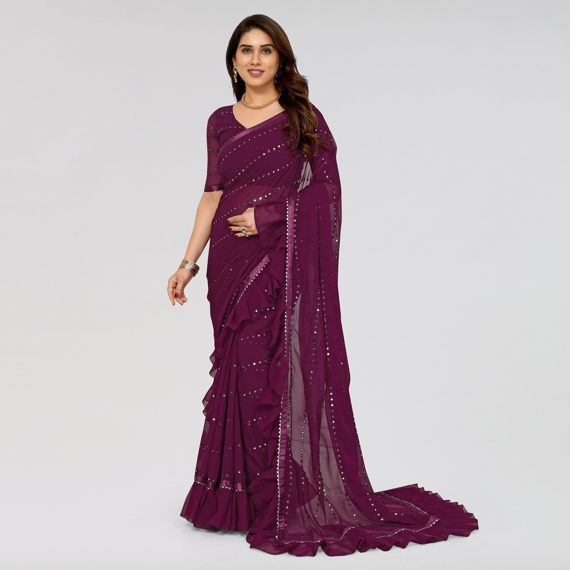 Purple Embroidered Georgette Ruffle Saree