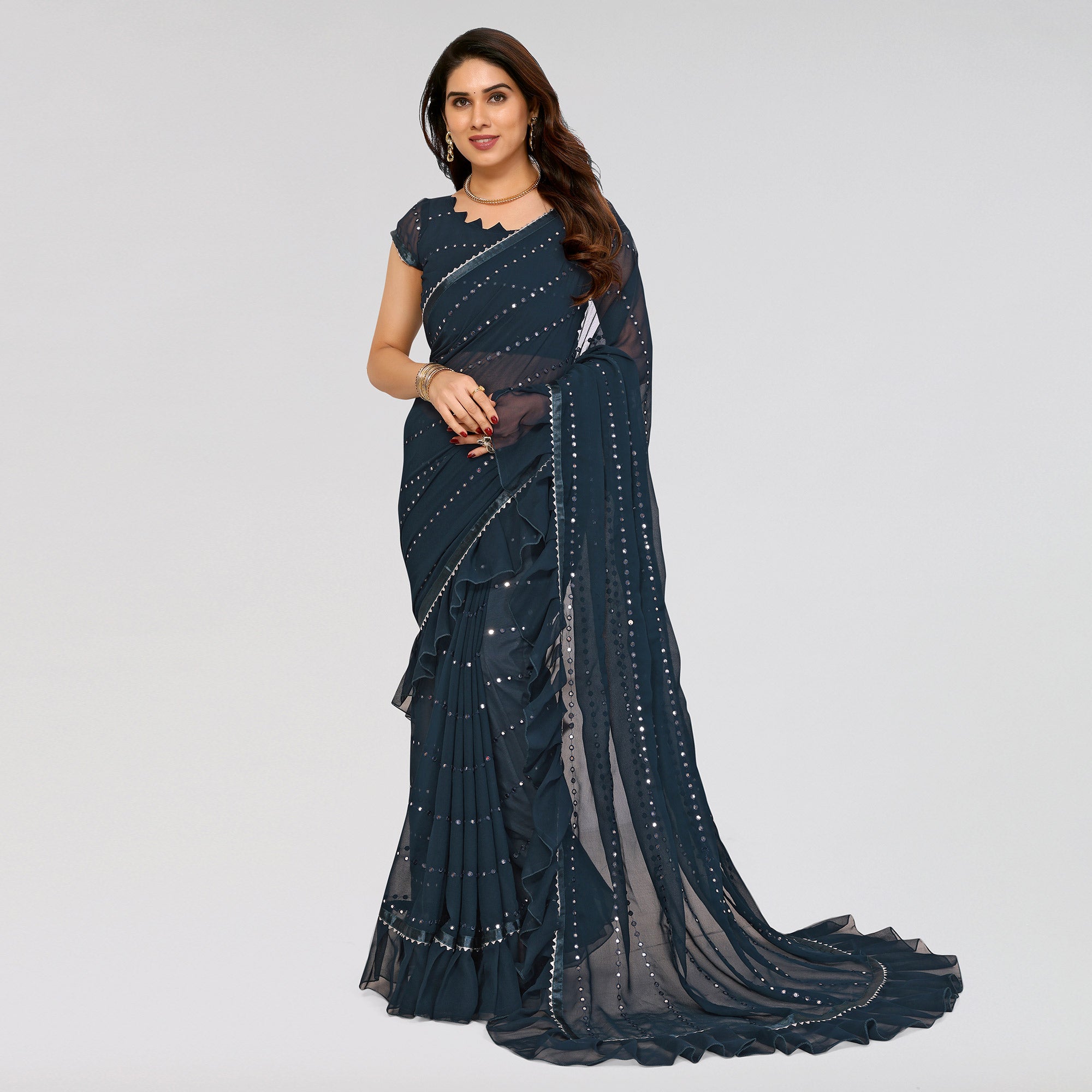 Teal Embroidered Georgette Ruffle Saree