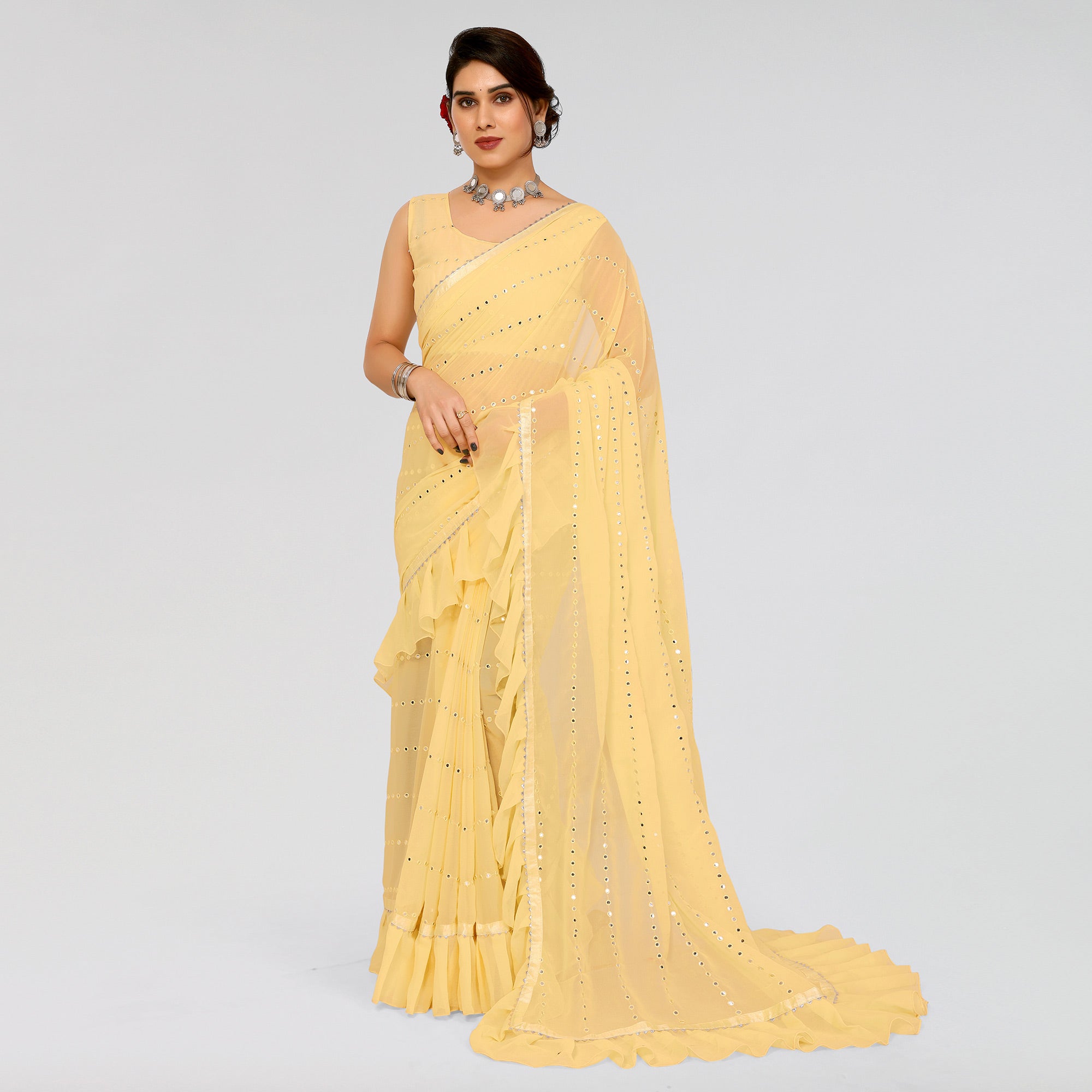 Yellow Embroidered Georgette Ruffle Saree