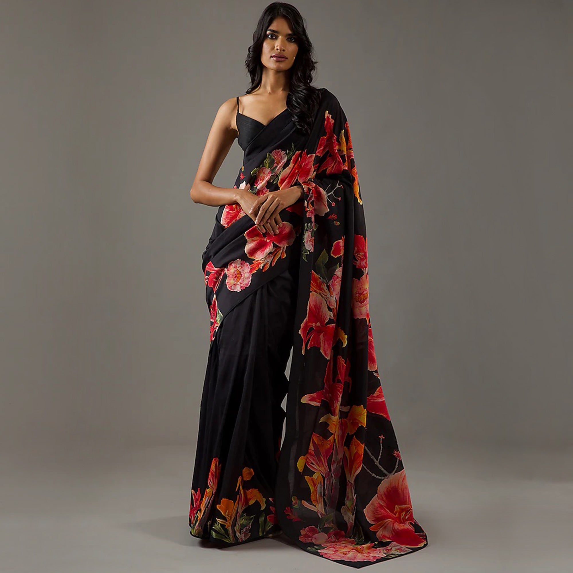 Black Floral Printed Chiffon Saree