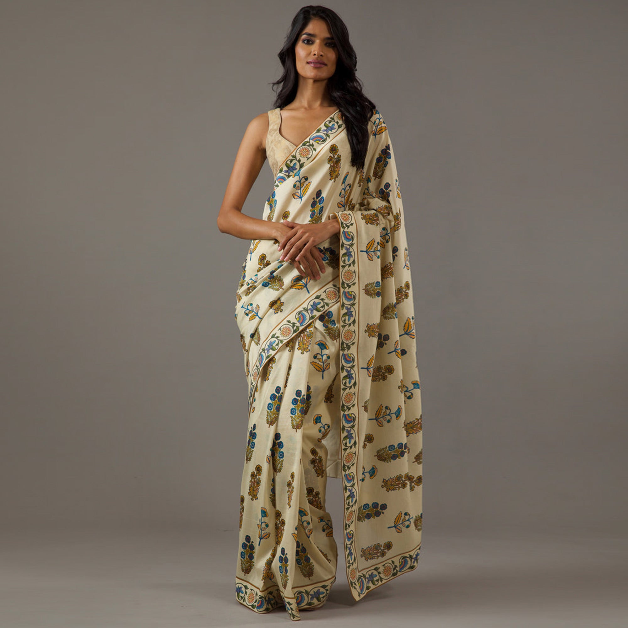 Cream Floral Printed Chiffon Saree