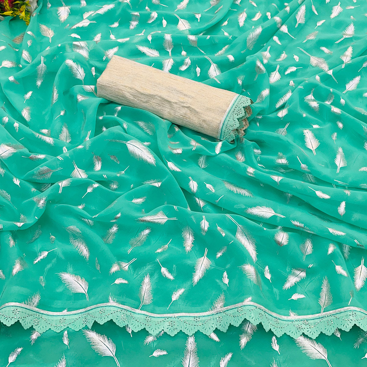 Rama Green Foil Printed With Swarovski Georgette Saree