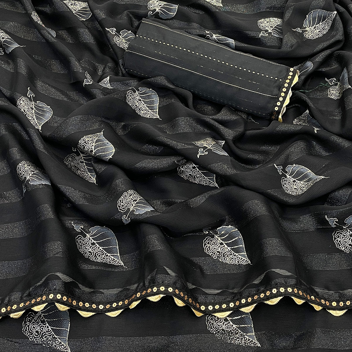 Black Foil Printed Chiffon Saree With Sequins Embroidered Border