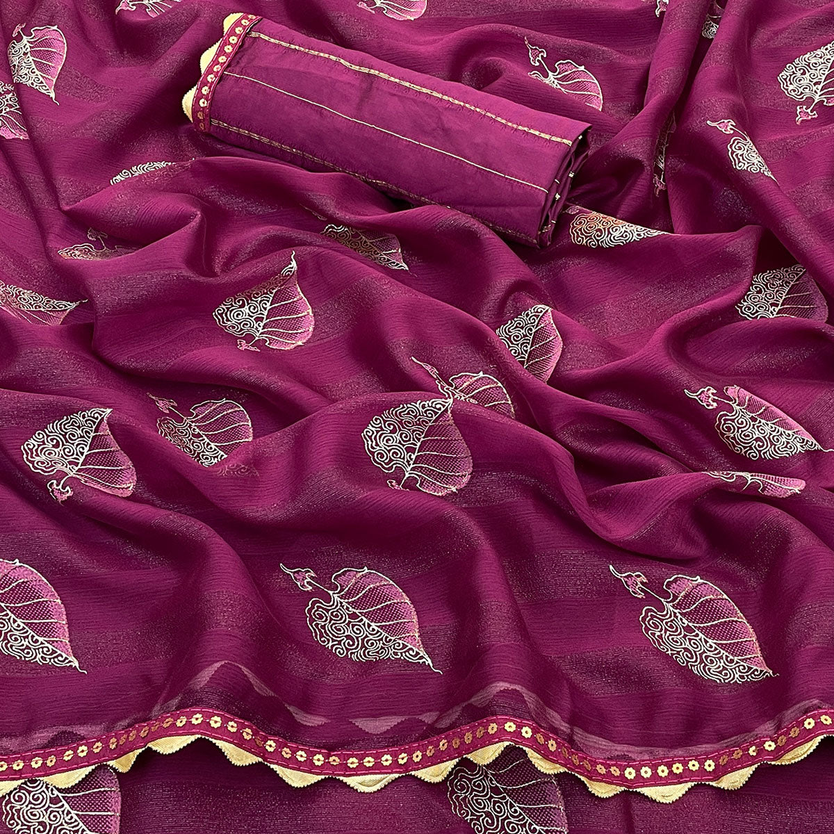 Wine Foil Printed Chiffon Saree With Sequins Embroidered Border